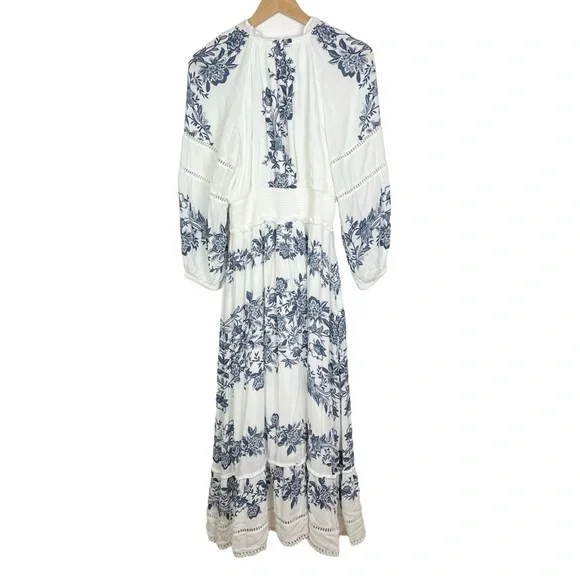 Chico’s Blue White Bohemian Balloon Sleeve Maxi Dress Pockets size 10 - Picture 8 of 10